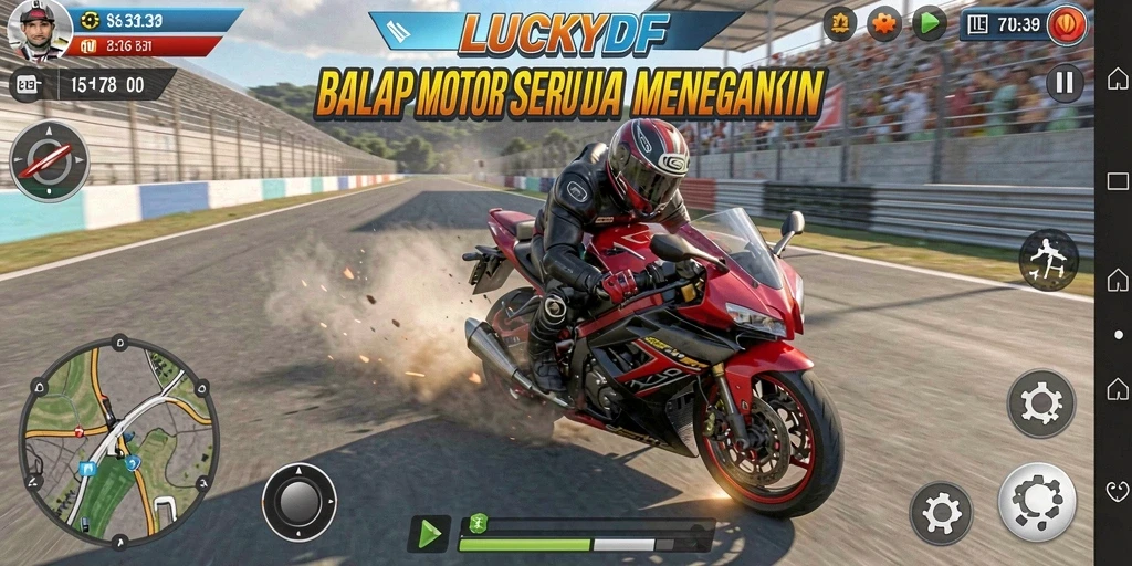 Tangkapan layar gameplay LUCKYDF dengan aksi balapan motor yang mendebarkan.