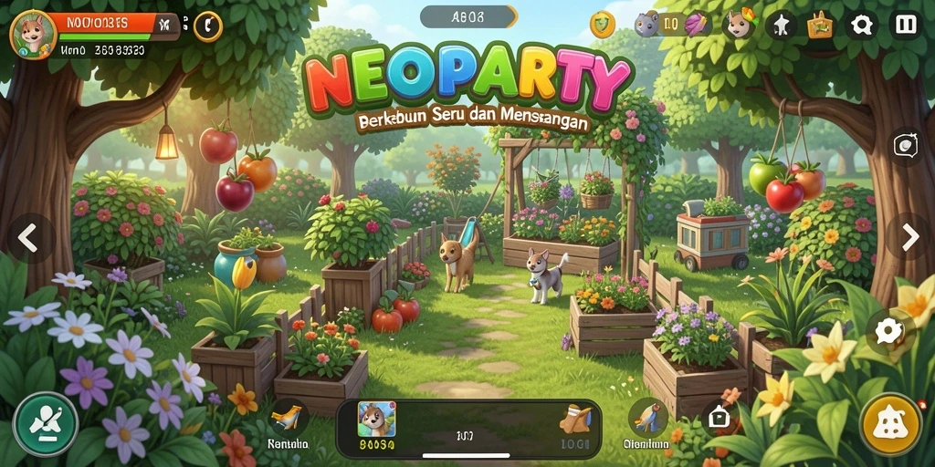 Screenshot gameplay NEOPARTY yang menampilkan aktivitas bertani yang seru.