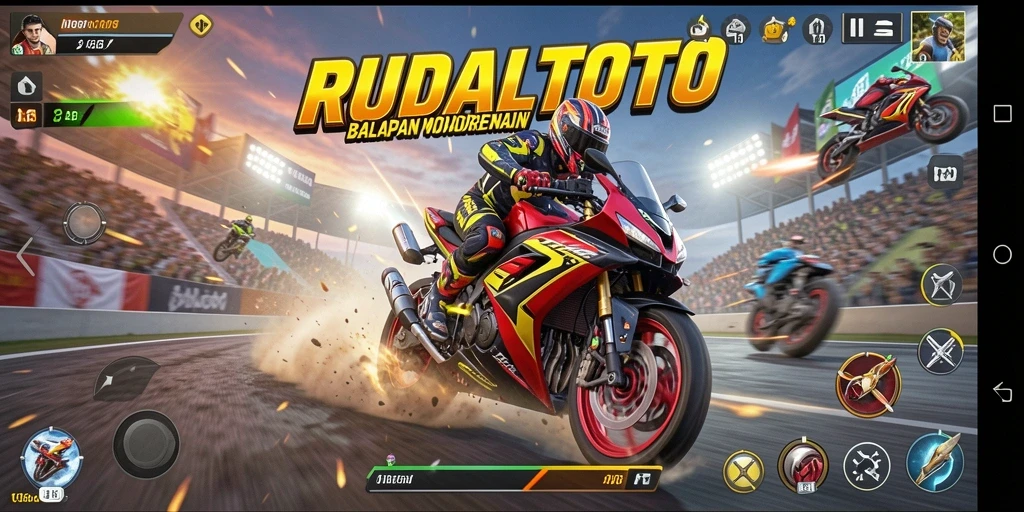 Screenshot RUDALTOTO menampilkan aksi balapan motor yang mendebarkan.